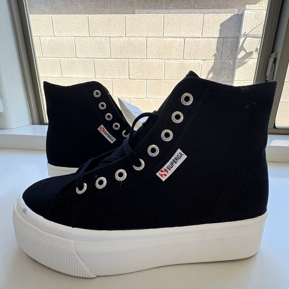 Superga 2708 High Top Platform Sneakers Lace Up Black Size 38 US 7.5 NEW - Picture 2 of 9